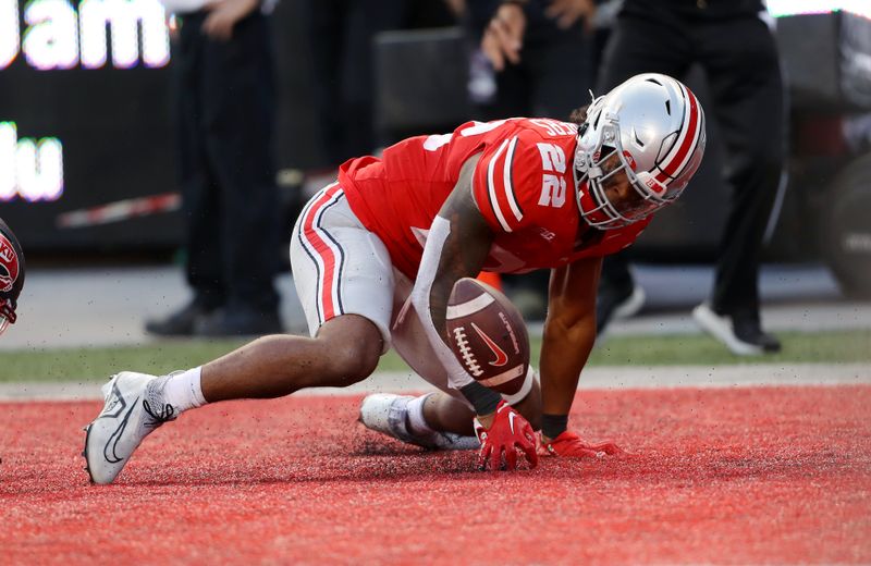 Sep 16, 2023; Columbus, Ohio, USA; Ohio State Buckeyes linebacker Steele Chambers (22) goes for the fumble in the end zone during the third quarter against the Western Kentucky Hilltoppers at Ohio Stadium. Mandatory Credit: Joseph Maiorana-USA TODAY Sports