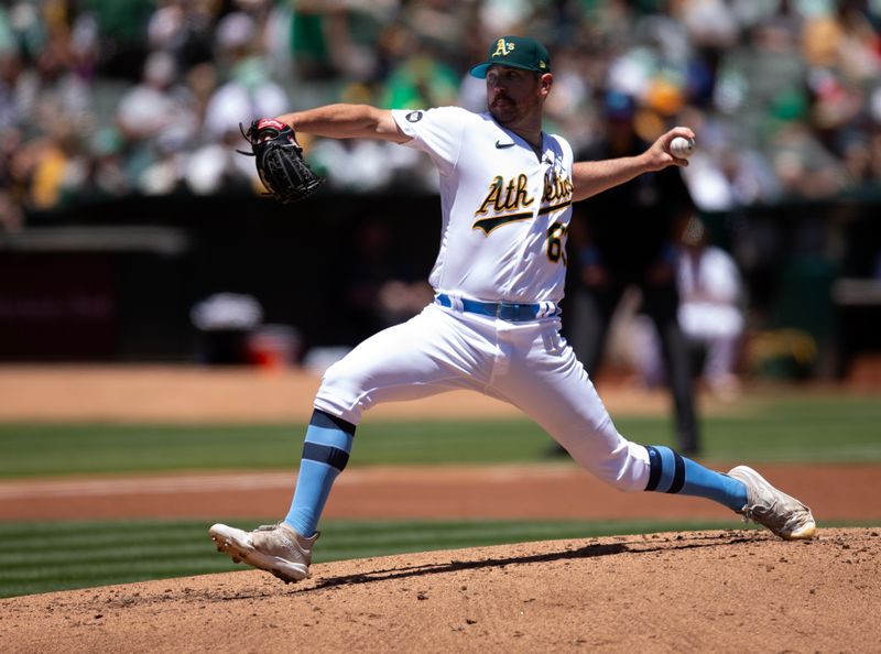 Jun 18, 2023; Oakland, California, USA; Oakland Athletics starting pitcher Hogan Harris (63) delivers a pitch against the Philadelphia Phillies during the second inning at Oakland-Alameda County Coliseum. Mandatory Credit: D. Ross Cameron-USA TODAY Sports