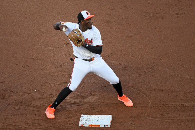 May 13, 2024; Baltimore, Maryland, USA;  Baltimore Orioles shortstop Gunnar Henderson (2) throws to first base to complete a second inning ending double play against the Toronto Blue Jays at Oriole Park at Camden Yards. Mandatory Credit: Tommy Gilligan-USA TODAY Sports