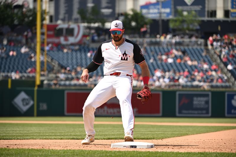 May 26, 2024; Washington, District of Columbia, USA; Washington Nationals first baseman Joey Gallo (24) touches first base for an out against the Seattle Mariners during the seventh inning at Nationals Park. Mandatory Credit: Rafael Suanes-USA TODAY Sports
