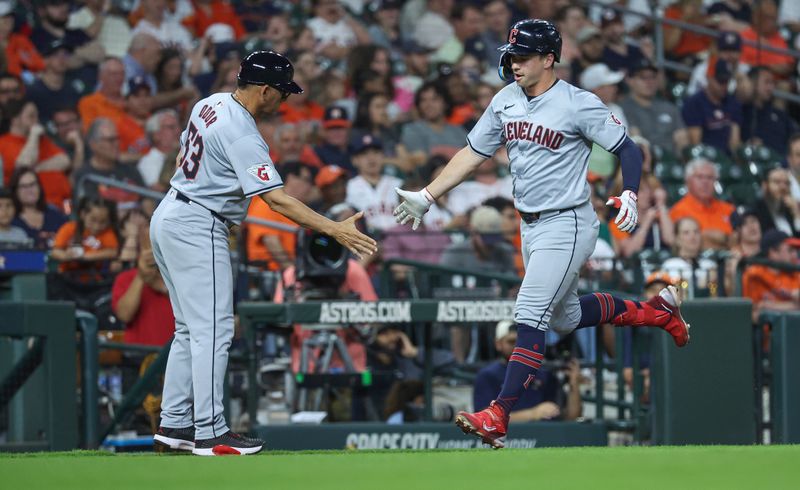 May 1, 2024; Houston, Texas, USA;  Cleveland Guardians designated hitter Will Brennan (17) celebrates with infield coach Rouglas Odor (53) after hitting a home run during the fifth inning against the Houston Astros at Minute Maid Park. Mandatory Credit: Troy Taormina-USA TODAY Sports