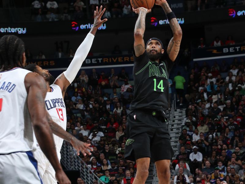 NEW ORLEANS, LA - MARCH 15: Brandon Ingram #14 of the New Orleans Pelicans shoots the ball over Paul George #13 and Kawhi Leonard #2 of the LA Clippers during the game on March 15, 2024 at the Smoothie King Center in New Orleans, Louisiana. NOTE TO USER: User expressly acknowledges and agrees that, by downloading and or using this Photograph, user is consenting to the terms and conditions of the Getty Images License Agreement. Mandatory Copyright Notice: Copyright 2024 NBAE (Photo by Layne Murdoch Jr./NBAE via Getty Images)