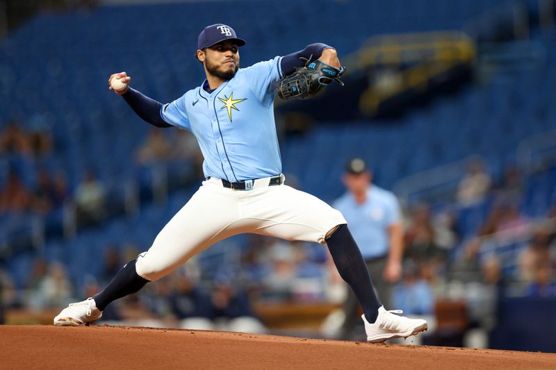 Aug 12, 2024; St. Petersburg, Florida, USA; Tampa Bay Rays pitcher Taj Bradley (45) throws a pitch against the Houston Astros in the first inning at Tropicana Field. Mandatory Credit: Nathan Ray Seebeck-USA TODAY Sports