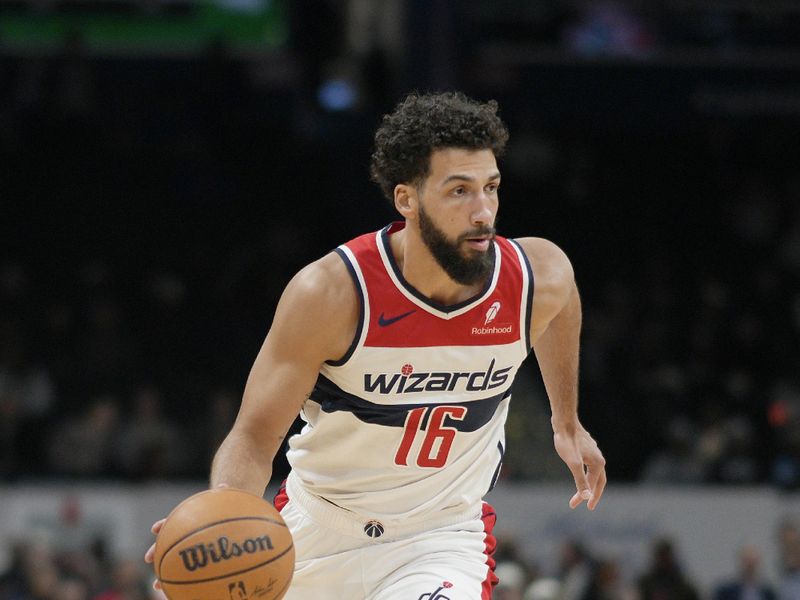 WASHINGTON, DC - JANUARY 24: Anthony Gill #16 of the Washington Wizards dribbles the ball during the second half against the Minnesota Timberwolves at Capital One Arena on January 24, 2024 in Washington, DC. NOTE TO USER: User expressly acknowledges and agrees that, by downloading and or using this photograph, User is consenting to the terms and conditions of the Getty Images License Agreement. (Photo by Jess Rapfogel/Getty Images)