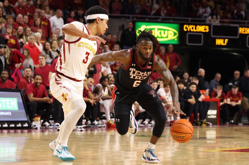 Feb 17, 2024; Ames, Iowa, USA; Texas Tech Red Raiders guard Joe Toussaint (6) controls the ball against Iowa State Cyclones guard Tamin Lipsey (3) during the second half at James H. Hilton Coliseum. Mandatory Credit: Reese Strickland-USA TODAY Sports