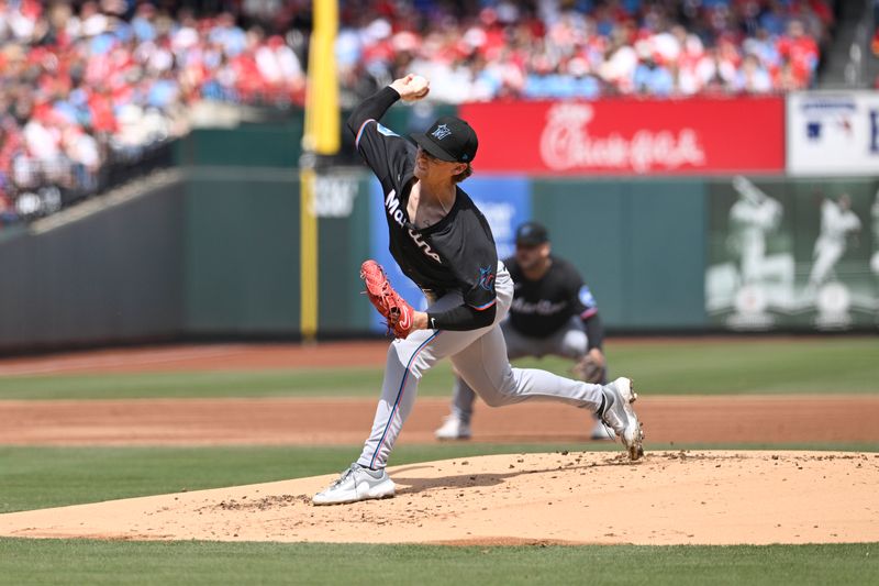 Apr 7, 2024; St. Louis, Missouri, USA; Miami Marlins pitcher Max Meyer (23) pitches against the St. Louis Cardinals during the first inning at Busch Stadium. Mandatory Credit: Jeff Le-USA TODAY Sports