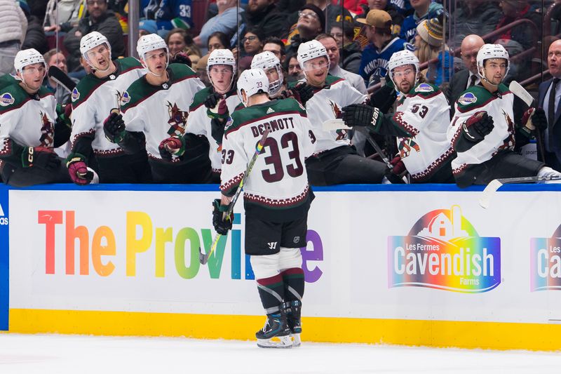 Jan 18, 2024; Vancouver, British Columbia, CAN; Arizona Coyotes defenseman Travis Dermott (33) celebrates his goal against the Vancouver Canucks in the first period at Rogers Arena. Mandatory Credit: Bob Frid-USA TODAY Sports