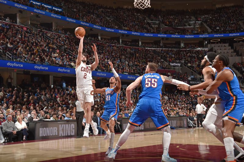 CLEVELAND, OH - JANUARY 8: Ty Jerome #2 of the Cleveland Cavaliers shoots the ball during the game against the Oklahoma City Thunder on January 8, 2025 at Rocket Mortgage FieldHouse in Cleveland, Ohio. NOTE TO USER: User expressly acknowledges and agrees that, by downloading and/or using this Photograph, user is consenting to the terms and conditions of the Getty Images License Agreement. Mandatory Copyright Notice: Copyright 2025 NBAE (Photo by David Liam Kyle/NBAE via Getty Images)