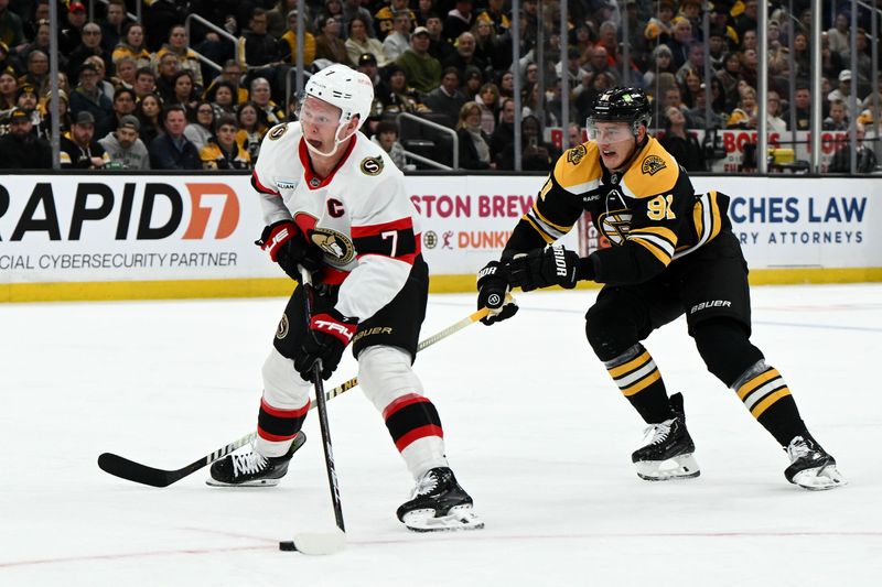 Nov 9, 2024; Boston, Massachusetts, USA; Ottawa Senators left wing Brady Tkachuk (7) skates against Boston Bruins defenseman Nikita Zadorov (91) during the second period at TD Garden. Mandatory Credit: Brian Fluharty-Imagn Images