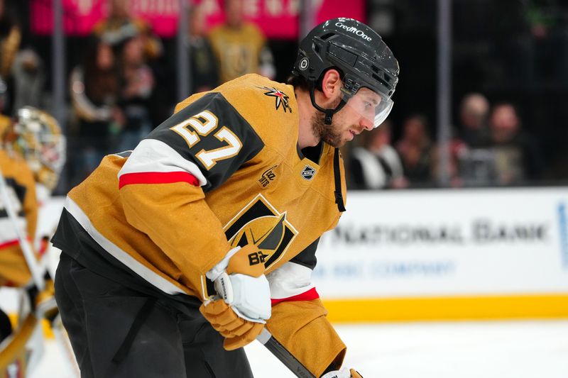 Dec 6, 2024; Las Vegas, Nevada, USA;Vegas Golden Knights defenseman Shea Theodore (27) warms up before a game against the Dallas Stars at T-Mobile Arena. Mandatory Credit: Stephen R. Sylvanie-Imagn Images