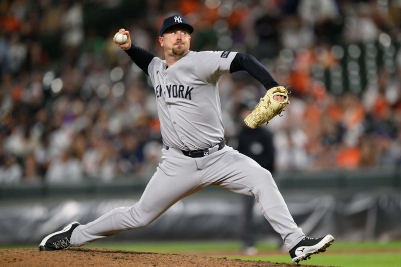 Apr 30, 2025; Baltimore, Maryland, USA; New York Yankees pitcher Mark Leiter Jr. (56) throws a pitch during the eighth inning against the Baltimore Orioles at Oriole Park at Camden Yards. Mandatory Credit: Reggie Hildred-Imagn Images