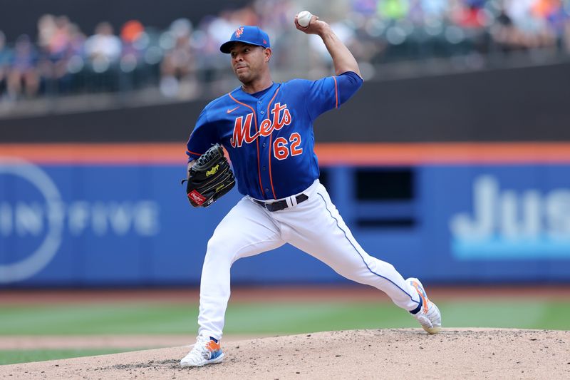 Jul 20, 2023; New York City, New York, USA; New York Mets starting pitcher Jose Quintana (62) pitches against the Chicago White Sox during the second inning at Citi Field. Mandatory Credit: Brad Penner-USA TODAY Sports