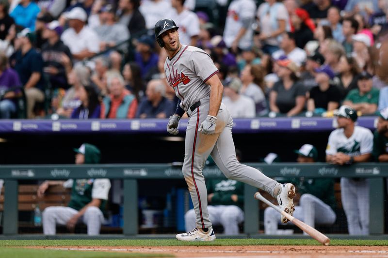 Aug 10, 2024; Denver, Colorado, USA; Atlanta Braves first baseman Matt Olson (28) reacts after hitting a grand slam in the third inning against the Colorado Rockies at Coors Field. Mandatory Credit: Isaiah J. Downing-USA TODAY Sports