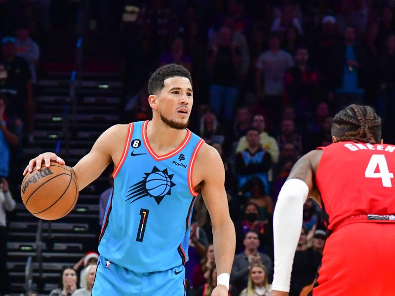 PHOENIX, AZ - DECEMBER 2:  Devin Booker #1 of the Phoenix Suns handles the ball during the game against the Houston Rockets on December 2, 2022 at Footprint Center in Phoenix, Arizona. NOTE TO USER: User expressly acknowledges and agrees that, by downloading and or using this photograph, user is consenting to the terms and conditions of the Getty Images License Agreement. Mandatory Copyright Notice: Copyright 2022 NBAE (Photo by Kate Frese/NBAE via Getty Images)