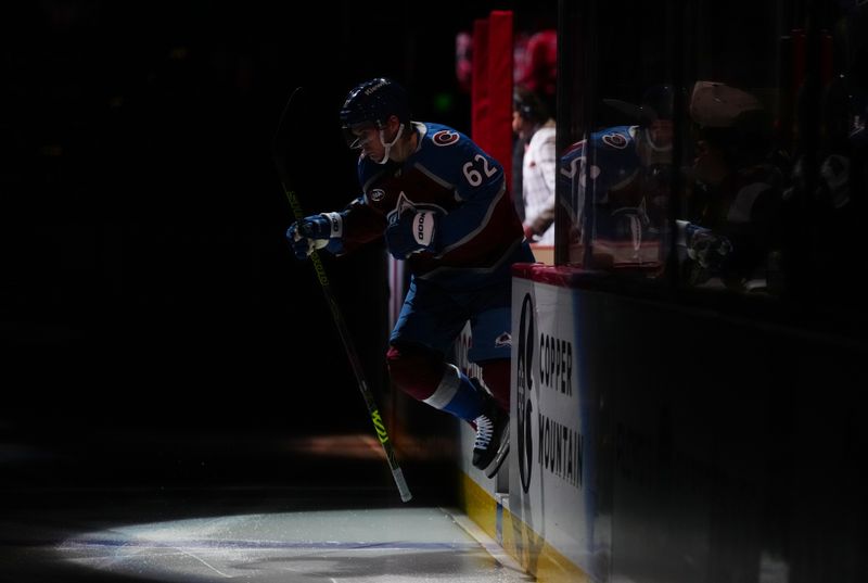 Nov 5, 2024; Denver, Colorado, USA; Colorado Avalanche left wing Artturi Lehkonen (62) before the game against the Seattle Kraken at Ball Arena. Mandatory Credit: Ron Chenoy-Imagn Images