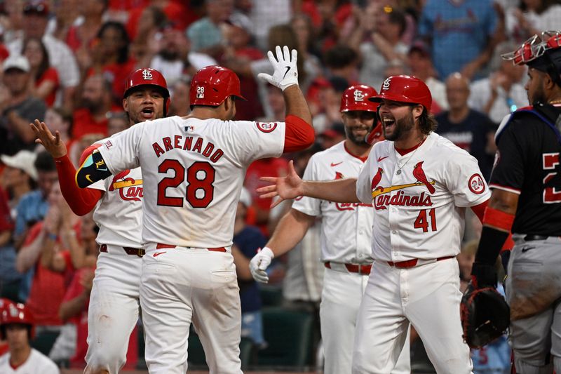 Jul 26, 2024; St. Louis, Missouri, USA; St. Louis Cardinals catcher Willson Contreras (40)and right fielder Alec Burleson (41) react after third baseman Nolan Arenado (28) hit a three-run home run against the Washington Nationals during the third inning at Busch Stadium. Mandatory Credit: Jeff Le-USA TODAY Sports