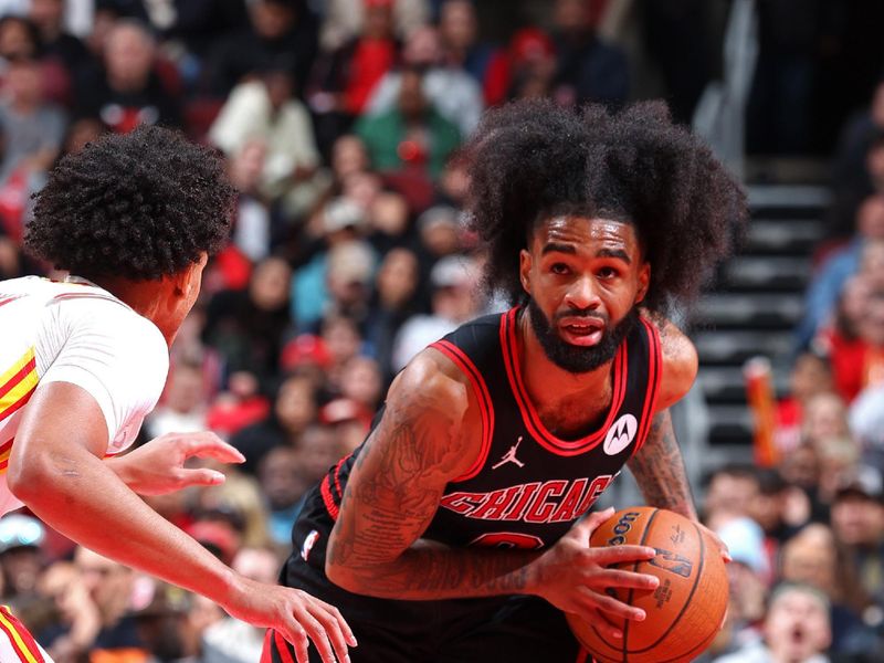 CHICAGO, IL - NOVEMBER 22: Coby White #0 of the Chicago Bulls looks on during the game against the Atlanta Hawks during the Emirates NBA Cup game on November 22, 2024 at United Center in Chicago, Illinois. NOTE TO USER: User expressly acknowledges and agrees that, by downloading and or using this photograph, User is consenting to the terms and conditions of the Getty Images License Agreement. Mandatory Copyright Notice: Copyright 2024 NBAE (Photo by Jeff Haynes/NBAE via Getty Images)