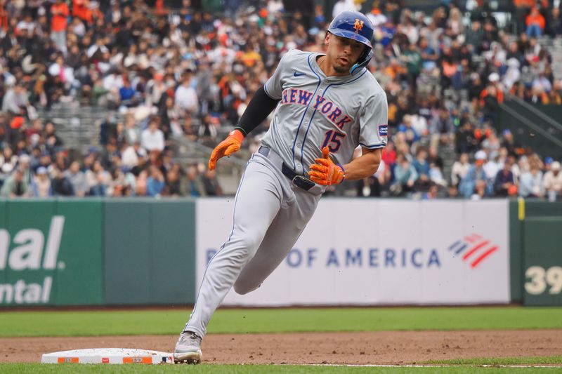 Apr 24, 2024; San Francisco, California, USA; New York Mets right fielder Tyrone Tyler (15) rounds third base to score a run against the San Francisco Giants during the fifth inning at Oracle Park. Mandatory Credit: Kelley L Cox-USA TODAY Sports