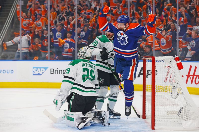 May 27, 2024; Edmonton, Alberta, CAN;Edmonton Oilers forward Zach Hyman (18) celebrates after scoring a goal against the Dallas Stars in game three of the Western Conference Final of the 2024 Stanley Cup Playoffs at Rogers Place. Mandatory Credit: Perry Nelson-USA TODAY Sports