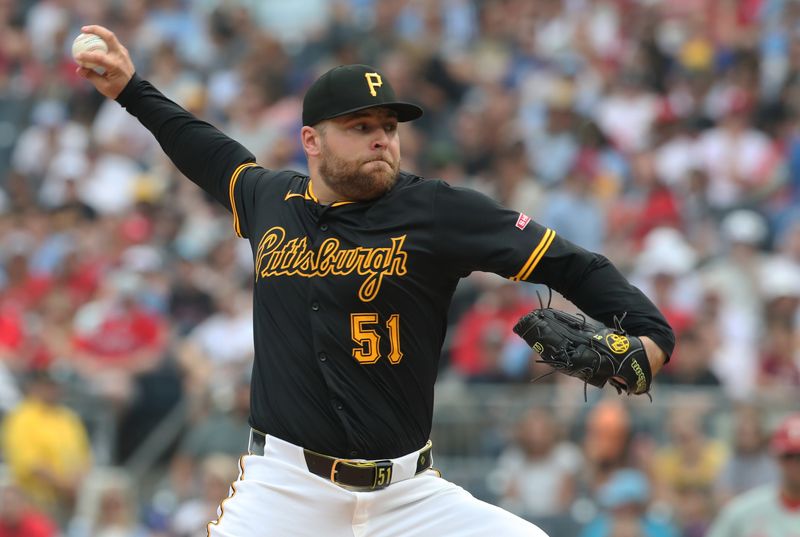 Jun 7, 2025; Pittsburgh, Pennsylvania, USA; Pittsburgh Pirates relief pitcher David Bednar (51) pitches the Philadelphia Phillies during the ninth inning against at PNC Park. Mandatory Credit: Charles LeClaire-Imagn Images
