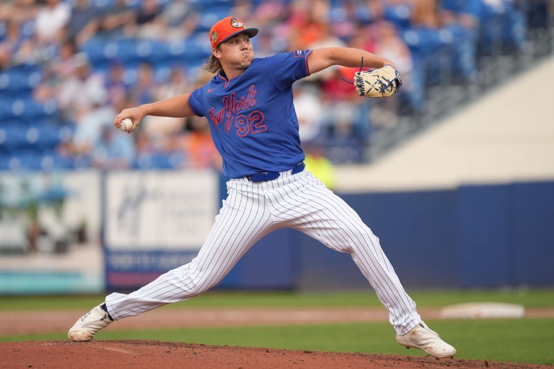 Mar 1, 2026; Port St. Lucie, Florida, USA;  New York Mets pitcher Jack Wenninger (92) pitches in the fifth inning against the Houston Astros at Clover Park. Mandatory Credit: Jim Rassol-Imagn Images