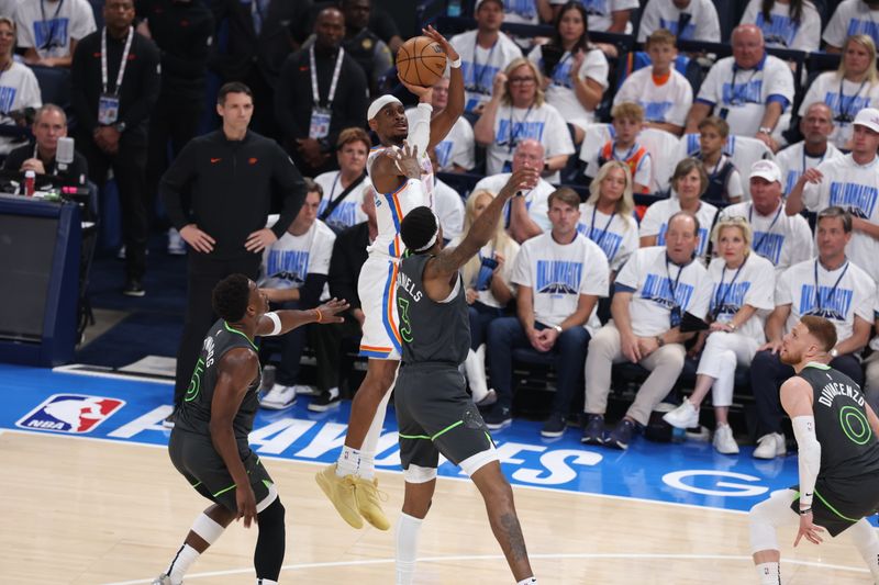 OKLAHOMA CITY, OK - MAY 20:  Shai Gilgeous-Alexander #2 of the Oklahoma City Thunder shoots the ball during the game against the Minnesota Timberwolves during Game One of the Western Conference Finals on May 20, 2025 at Paycom Center in Oklahoma City, Oklahoma. NOTE TO USER: User expressly acknowledges and agrees that, by downloading and or using this photograph, User is consenting to the terms and conditions of the Getty Images License Agreement. Mandatory Copyright Notice: Copyright 2025 NBAE (Photo by David Sherman/NBAE via Getty Images)