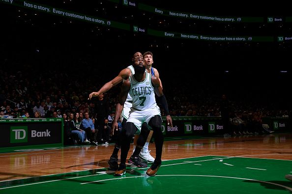 BOSTON, MA - DECEMBER 17: Jaylen Brown #7 of the Boston Celtics boxes out during the game against the Orlando Magic on December 17, 2023 at the TD Garden in Boston, Massachusetts. NOTE TO USER: User expressly acknowledges and agrees that, by downloading and or using this photograph, User is consenting to the terms and conditions of the Getty Images License Agreement. Mandatory Copyright Notice: Copyright 2023 NBAE  (Photo by Brian Babineau/NBAE via Getty Images)