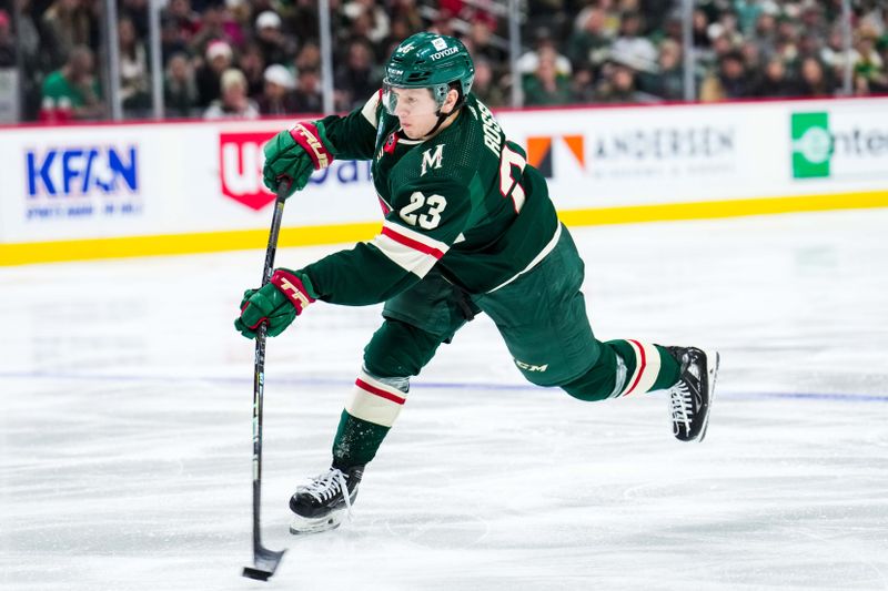 Jan 2, 2024; Saint Paul, Minnesota, USA; Minnesota Wild center Marco Rossi (23) shoots during the second period against the Calgary Flames at Xcel Energy Center. Mandatory Credit: Brace Hemmelgarn-USA TODAY Sports