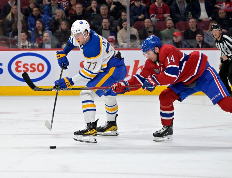 Feb 21, 2024; Montreal, Quebec, CAN; Montreal Canadiens forward Nick Suzuki (14) backchecks and steals the puck from Buffalo Sabres forward JJ Peterka (77) during the second period at the Bell Centre. Mandatory Credit: Eric Bolte-USA TODAY Sports