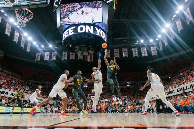 Jan 6, 2024; Stillwater, Oklahoma, USA; Baylor Bears guard Ja'Kobe Walter (4) puts up a shot over Oklahoma State Cowboys guard Bryce Thompson (1) during the second half at Gallagher-Iba Arena. Mandatory Credit: William Purnell-USA TODAY Sports