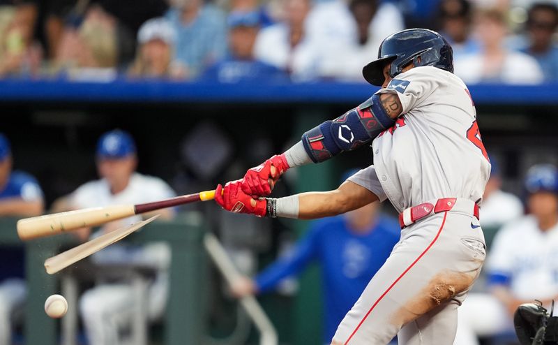 Aug 7, 2024; Kansas City, Missouri, USA; Boston Red Sox center fielder Ceddanne Rafaela (43) breaks his bat during the fourth inning against the Kansas City Royals at Kauffman Stadium. Mandatory Credit: Jay Biggerstaff-USA TODAY Sports