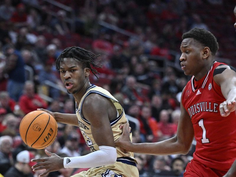 Feb 10, 2024; Louisville, Kentucky, USA; Georgia Tech Yellow Jackets guard Miles Kelly (13) dribbles against Louisville Cardinals guard Curtis Williams (1) during the first half at KFC Yum! Center. Louisville defeated Georgia Tech 79-67. Mandatory Credit: Jamie Rhodes-USA TODAY Sports