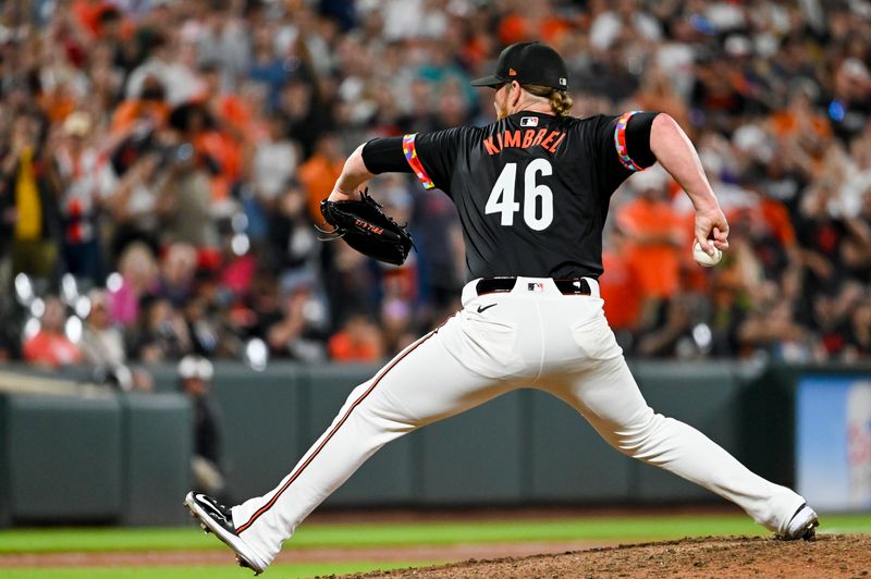 May 31, 2024; Baltimore, Maryland, USA; Baltimore Orioles pitcher Craig Kimbrel (46) throws a ninth inning pitch against the Tampa Bay Rays  at Oriole Park at Camden Yards. Mandatory Credit: Tommy Gilligan-USA TODAY Sports