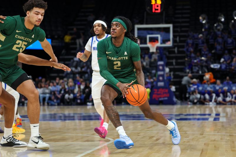 Feb 8, 2026; Memphis, Tennessee, USA; Charlotte 49ers guard Dezayne Mingo (2) handles the ball against the Memphis Tigers during the second half at FedExForum. Mandatory Credit: Wesley Hale-Imagn Images
