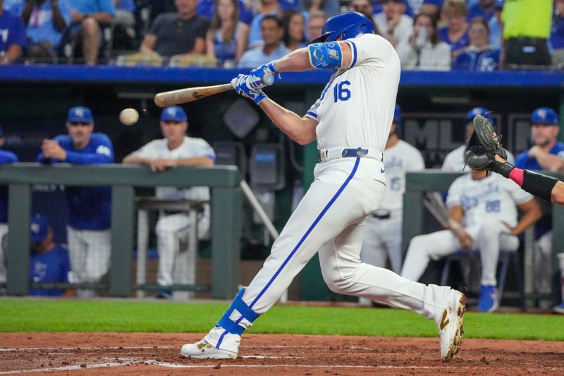 Aug 20, 2024; Kansas City, Missouri, USA; Kansas City Royals right fielder Hunter Renfroe (16) hits a one-run single against the Los Angeles Angels in the fourth inning at Kauffman Stadium. Mandatory Credit: Denny Medley-USA TODAY Sports