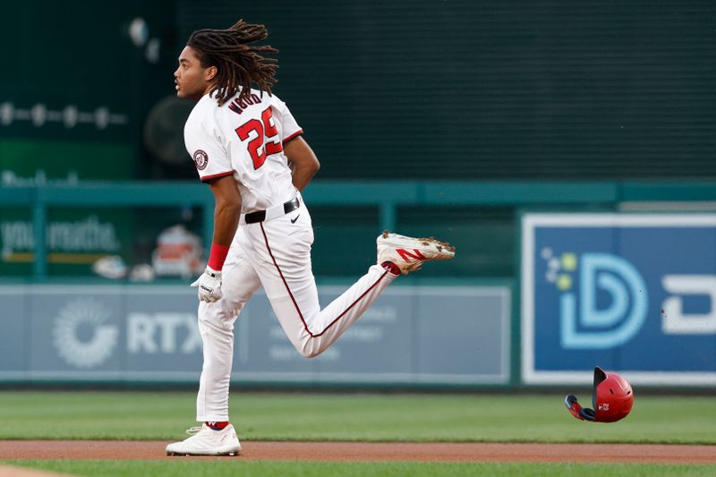 Sep 10, 2024; Washington, District of Columbia, USA; Washington Nationals outfielder James Wood (29) runs to second base after doubling against the Atlanta Braves during the first inning at Nationals Park. Mandatory Credit: Geoff Burke-Imagn Images