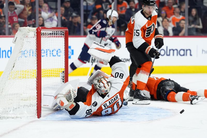 Mar 14, 2026; Philadelphia, Pennsylvania, USA; Philadelphia Flyers goalie Dan Vladar (80) allows a goal against the Columbus Blue Jackets in the first period at Xfinity Mobile Arena. Mandatory Credit: Kyle Ross-Imagn Images