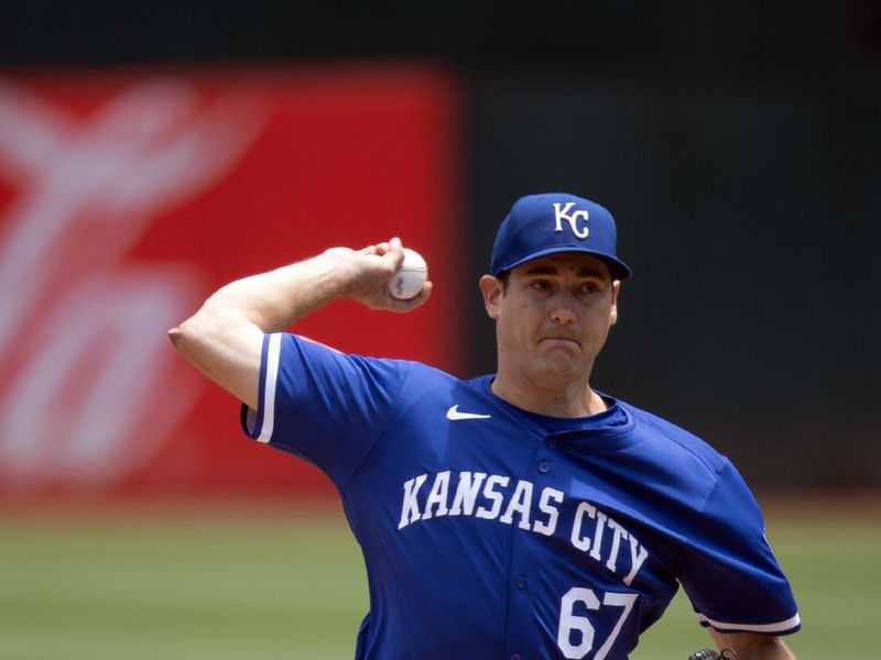 Jun 20, 2024; Oakland, California, USA; Kansas City Royals starting pitcher Seth Lugo (67) delivers a pitch against the Oakland Athletics during the first inning at Oakland-Alameda County Coliseum. Mandatory Credit: D. Ross Cameron-USA TODAY Sports