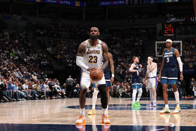 MINNEAPOLIS, MN -  APRIL  27: LeBron James #23 of the Los Angeles Lakers prepares to shoot a free throw during the game against the Minnesota Timberwolves  during Round 1 Game 4 of the 2025 NBA Playoffs  on April 27, 2025 at Target Center in Minneapolis, Minnesota. NOTE TO USER: User expressly acknowledges and agrees that, by downloading and or using this Photograph, user is consenting to the terms and conditions of the Getty Images License Agreement. Mandatory Copyright Notice: Copyright 2025 NBAE (Photo by David Sherman/NBAE via Getty Images)