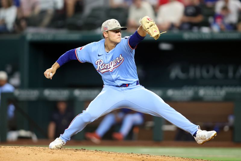 May 18, 2025; Arlington, Texas, USA; Texas Rangers pitcher Jack Leiter (35) throws a pitch during the sixth inning against the Houston Astros at Globe Life Field. Mandatory Credit: Tim Heitman-Imagn Images