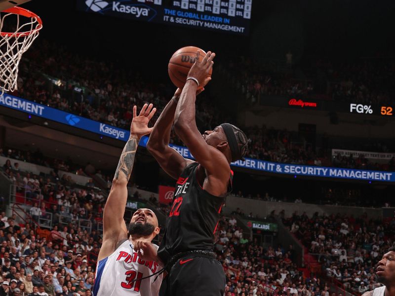 MIAMI, FL - MARCH 5: Jimmy Butler #22 of the Miami Heat drives to the basket during the game against the Detroit Pistons on March 5, 2024 at Kaseya Center in Miami, Florida. NOTE TO USER: User expressly acknowledges and agrees that, by downloading and or using this Photograph, user is consenting to the terms and conditions of the Getty Images License Agreement. Mandatory Copyright Notice: Copyright 2024 NBAE (Photo by Issac Baldizon/NBAE via Getty Images)