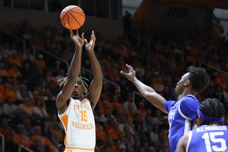 Jan 28, 2025; Knoxville, Tennessee, USA; Tennessee Volunteers guard Jahmai Mashack (15) shoots the ball against the Kentucky Wildcats during the first half at Thompson-Boling Arena at Food City Center. Mandatory Credit: Randy Sartin-Imagn Images