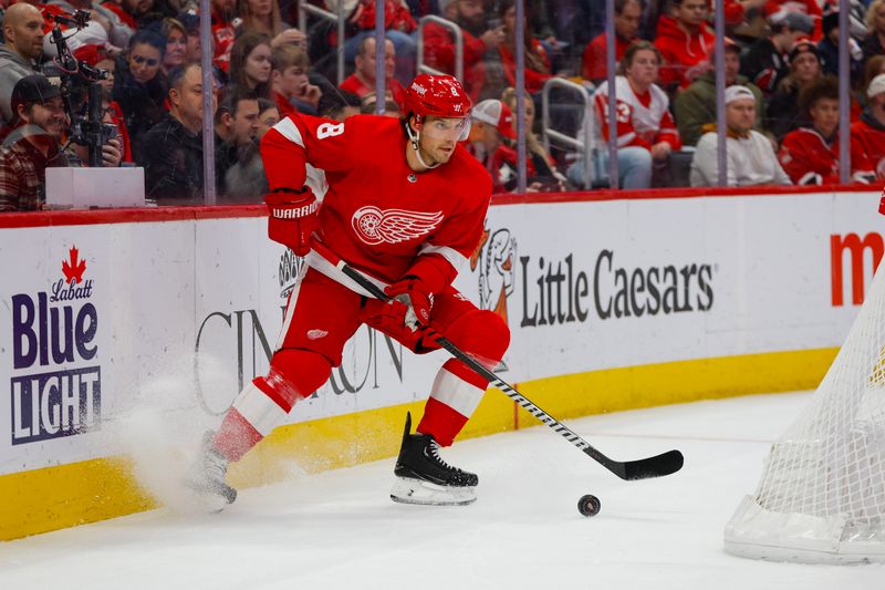 Dec 29, 2023; Detroit, Michigan, USA; Detroit Red Wings defenseman Ben Chiarot (8) handles the puck during the first of the game between the Nashville Predators and the Detroit Red Wings at Little Caesars Arena. Mandatory Credit: Brian Bradshaw Sevald-USA TODAY Sports