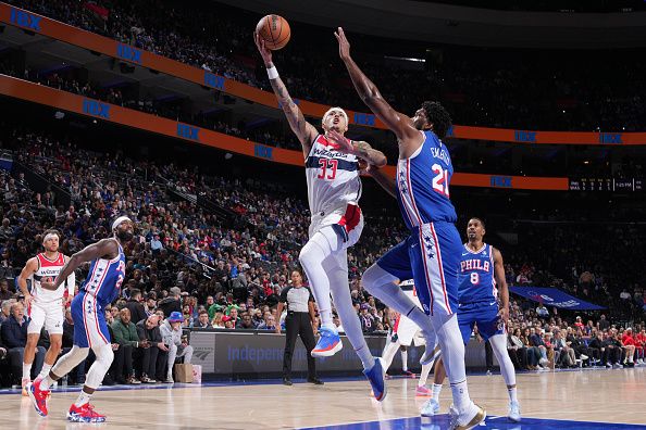 PHILADELPHIA, PA - DECEMBER 11: Kyle Kuzma #33 of the Washington Wizards shoots the ball during the game against the Philadelphia 76ers on December 11, 2023 at the Wells Fargo Center in Philadelphia, Pennsylvania NOTE TO USER: User expressly acknowledges and agrees that, by downloading and/or using this Photograph, user is consenting to the terms and conditions of the Getty Images License Agreement. Mandatory Copyright Notice: Copyright 2023 NBAE (Photo by Jesse D. Garrabrant/NBAE via Getty Images)