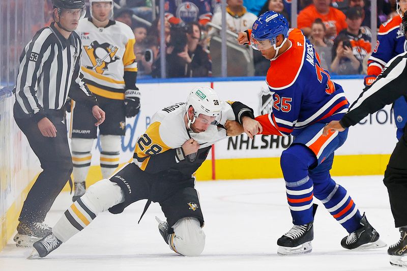 Oct 25, 2024; Edmonton, Alberta, CAN; Edmonton Oilers defensemen Darnell Nurse (25) fights Pittsburgh Penguins defensemen Marcus Pettersson (28) during the third period at Rogers Place. Mandatory Credit: Perry Nelson-Imagn Images