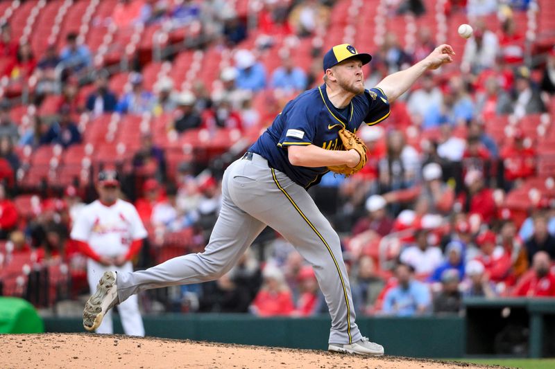 Apr 27, 2025; St. Louis, Missouri, USA;  Milwaukee Brewers relief pitcher Jared Koenig (47) pitches against the St. Louis Cardinals during the ninth inning at Busch Stadium. Mandatory Credit: Jeff Curry-Imagn Images