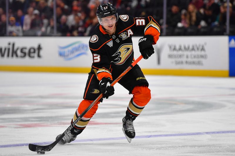 Apr 7, 2024; Anaheim, California, USA; Anaheim Ducks right wing Jakob Silfverberg (33) controls the puck against the St. Louis Blues during the second period at Honda Center. Mandatory Credit: Gary A. Vasquez-USA TODAY Sports