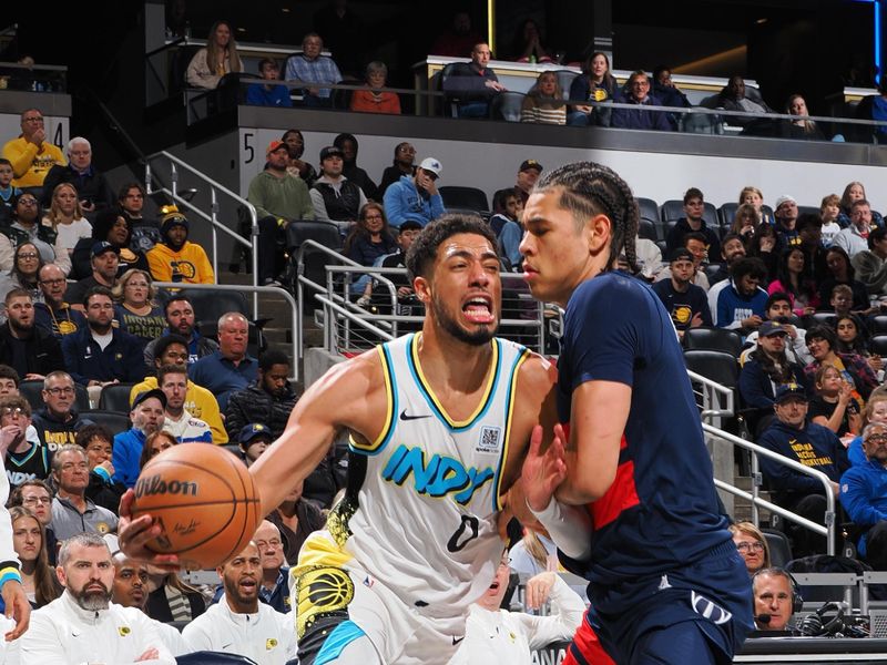 INDIANAPOLIS, IN - NOVEMBER 24: Tyrese Haliburton #0 of the Indiana Pacers drives to the basket during the game against the Washington Wizards on November 24, 2024 at Gainbridge Fieldhouse in Indianapolis, Indiana. NOTE TO USER: User expressly acknowledges and agrees that, by downloading and or using this Photograph, user is consenting to the terms and conditions of the Getty Images License Agreement. Mandatory Copyright Notice: Copyright 2024 NBAE (Photo by Ron Hoskins/NBAE via Getty Images)