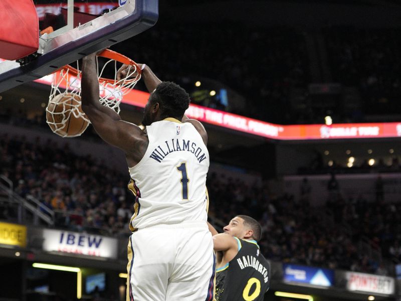 INDIANAPOLIS, IN - FEBRUARY 28: (EDITORS NOTE: Sequence 4 of 4) Zion Williamson #1 of the New Orleans Pelicans dunks the ball during the game against the Indiana Pacers on February 28, 2024 at Gainbridge Fieldhouse in Indianapolis, Indiana. NOTE TO USER: User expressly acknowledges and agrees that, by downloading and or using this Photograph, user is consenting to the terms and conditions of the Getty Images License Agreement. Mandatory Copyright Notice: Copyright 2024 NBAE (Photo by Jeff Dean/NBAE via Getty Images)