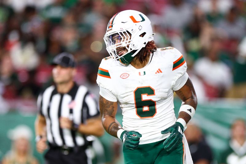 Sep 21, 2024; Tampa, Florida, USA; Miami Hurricanes running back Damien Martinez (6) reacts after scoring a touchdown against the South Florida Bulls in the third quarter at Raymond James Stadium. Mandatory Credit: Nathan Ray Seebeck-Imagn Images